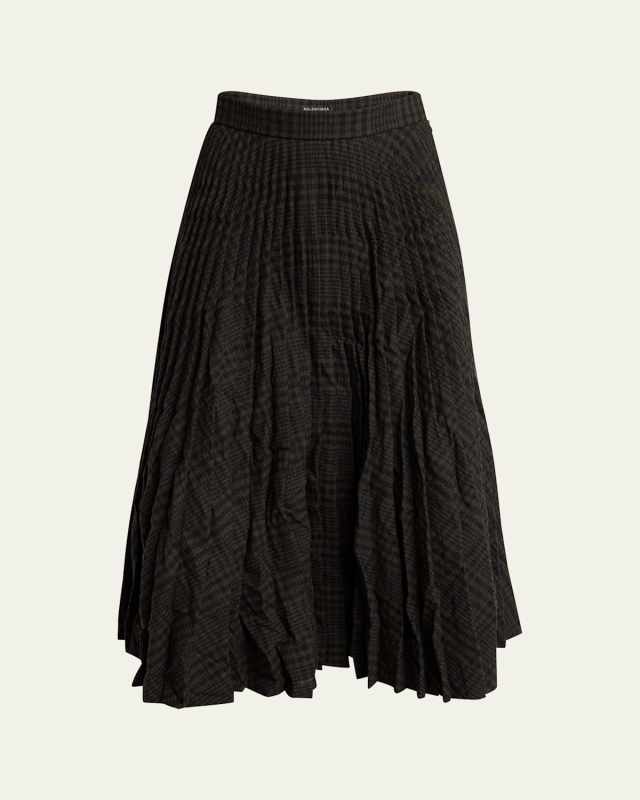 Pleated Vintage Check Wool Midi Skirt